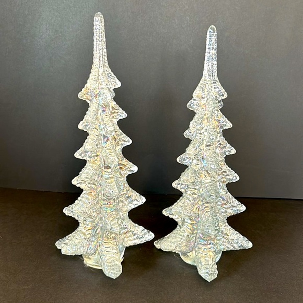 Enesco Vintage Set of 2 Clear Lead Crystal 11” Tall Iridescent Heavy Xmas Trees